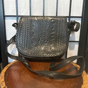 Patricia Nash Tooled Black Italian Leather Saddle Bag Purse , Black Braid Trim